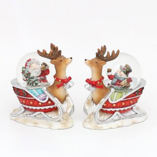 Kleine Schneekugel, Rentierschlitten mit Schneemann oder Weihnachtsmann, L/B/H 9 x 4,5 x 8 cm Kugel &Oslash; 4,5 cm.