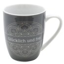 Kaffeebecher / Tasse aus Porzellan, Motiv: Gl&uuml;cklich...