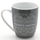 Kaffeebecher / Tasse aus Porzellan, Motiv: Gl&uuml;cklich und Frei. Gr&ouml;&szlig;e H/&Oslash;: 9,8 x 8,2 cm, Fassungsverm&ouml;gen 250 ml, Sp&uuml;lmaschinengeeignet.