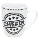 Kaffeebecher / Tasse aus Porzellan, Motiv: Chefin. Gr&ouml;&szlig;e H/&Oslash;: 9,8 x 8,2 cm, Fassungsverm&ouml;gen 250 ml, Sp&uuml;lmaschinengeeignet.