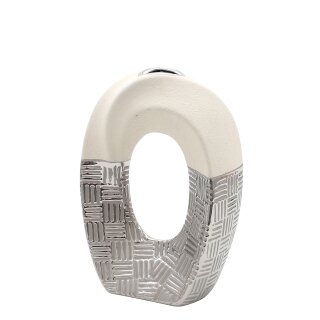 Edle moderne Deko Designer Keramik Vase geschwungen mit Loch in silber-grau wei&szlig;