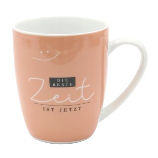 Kaffeebecher / Tasse aus Porzellan, Motiv: Die beste Zeit ist jetzt. Gr&ouml;&szlig;e H/&Oslash;: 9,8 x 8,2 cm, Fassungsverm&ouml;gen 250 ml, Sp&uuml;lmaschinengeeignet.