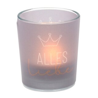Windlichtglas mit Motiv auf einer transparenten Banderole, inkl. 1 Teelicht, H/&Oslash;: 6,5 x 6 cm, Motiv: Alles Liebe.