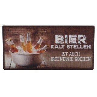 ***Metall K&uuml;hlschrank-Magnet im Vintage-Look, 10 x 5 cm, Motiv: Bier kalt stellen ist auch irgendwie kochen