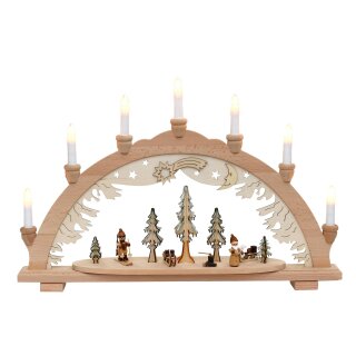 Schwibbogen, 7 flammig, Motiv: Wald mit J&auml;ger und Weihnachtsmann, 57 x 9 x 38 cm