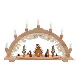 Schwibbogen Motiv: Winterfiguren und Waldhaus innen beleuchtet, 10 flammig, ca. 57 x 9 x 38 cm