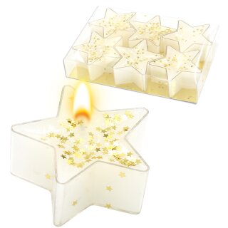 Teelichte Sterne in wei&szlig; mit goldenem glitzer-Sterne als 6er Set, L/B/H 5 x 5 x 2 cm