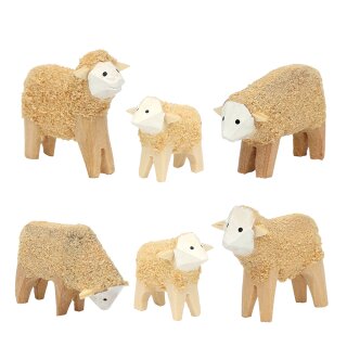 6er Set Schafe geschnitzt, 4,5 x 1,5 x 3,5 cm