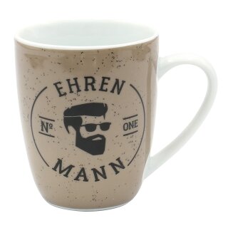 Kaffeebecher / Tasse aus Porzellan, Motiv: Ehrenmann. Gr&ouml;&szlig;e H/&Oslash;: 9,8 x 8,2 cm, Fassungsverm&ouml;gen 250 ml, Sp&uuml;lmaschinengeeignet.