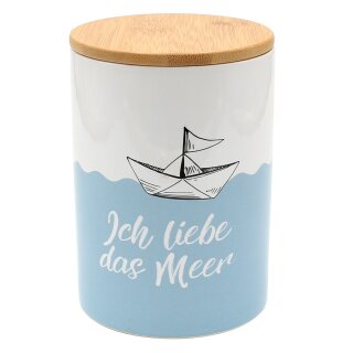 Stilvolle Aufbewahrungsdose / Kaffeedose / Frischhaltedose / Geb&auml;ckdose. Gr&ouml;&szlig;e 15,6 x 11 cm. Motiv: Ich liebe das Meer.