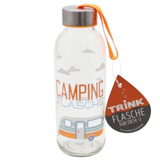 Trinkflasche aus Glas f&uuml;r umweltbewusste Genie&szlig;er, Fassungsverm&ouml;gen 400 ml, H/&Oslash; 19 x 6,5 cm, Motiv: Camping