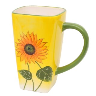 Dolomite Kaffeepot / Kaffeetasse eckig, Motiv: Sonnenblume in gelb / gr&uuml;n,  Gr&ouml;&szlig;e ca. 13,8 x 9 x 14,5 cm.