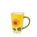 Dolomite Kaffeepot / Kaffeetasse eckig, Motiv: Sonnenblume in gelb / gr&uuml;n,  Gr&ouml;&szlig;e ca. 10,5 x 7 x 10,5 cm.