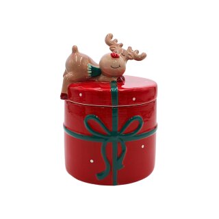 Keramik Weihnachtsddose - Keksdose mit Deckel, Geschenk mit Elch, Ma&szlig;e L/B/H ca. 15 x 14 x 20 cm.