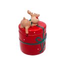 Keramik Weihnachtsddose - Keksdose mit Deckel, Geschenk mit Elch, Ma&szlig;e L/B/H ca. 15 x 14 x 20 cm.