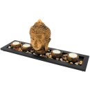 Komplettes Deko-Set mit 4 Teelichthalter und 1 Buddhakopf aus Keramik in Gold, auf Holztablett, inkl. Dekosteine, Gr&ouml;&szlig;e Tablett L/B/H ca. 41 x 11,5 x 2 cm, H&ouml;he Buddhakopf 17 cm