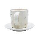 Porzellan Kaffeebecher, Tasse mit Untertasse/Teller mit Katzengesicht, H&ouml;he gesamt ca. 8 cm, Fassungsverm&ouml;gen ca. 150 ml