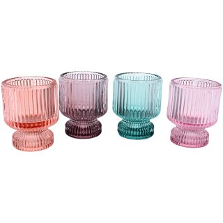 Glas-Teelicht- und Stabkerzenhalter als 4er Set, in grau, lachs, rosa und lila, Ma&szlig;e je Halter L/B/H 6,3 x 6,3 x 7,8 cm.