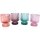 Glas-Teelicht- und Stabkerzenhalter als 4er Set, in grau, lachs, rosa und lila, Ma&szlig;e je Halter L/B/H 6,3 x 6,3 x 7,8 cm.
