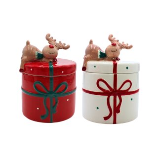 Keramik Weihnachtsdose - Keksdose - Dose mit Deckel als Geschenk mit Elch, in verschiedenen Farben und Gr&ouml;&szlig;en