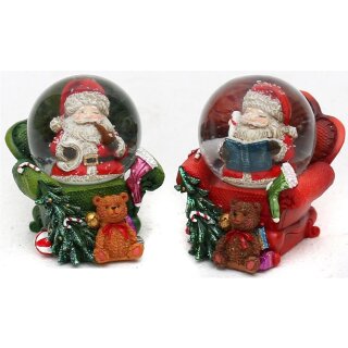 Mini Schneekugel, Santa Claus im Sessel, Ma&szlig;e H/B/&Oslash; Kugel: ca. 7 x 5,5 cm/ &Oslash; 4,5 cm.